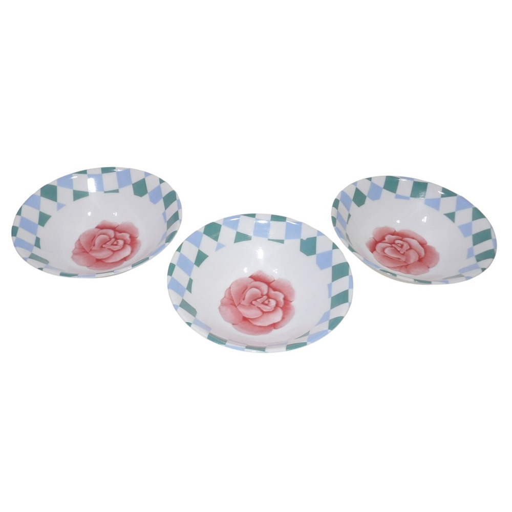 Set of 3 Floral Rose Melamine Bowls Harlequin Border Teal Pink Cottagecore Style